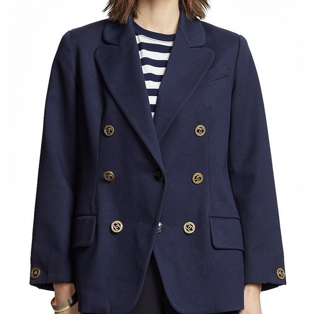 Vintage Chanel Boutique Navy Blue Double-Breasted CC Button Blazer
